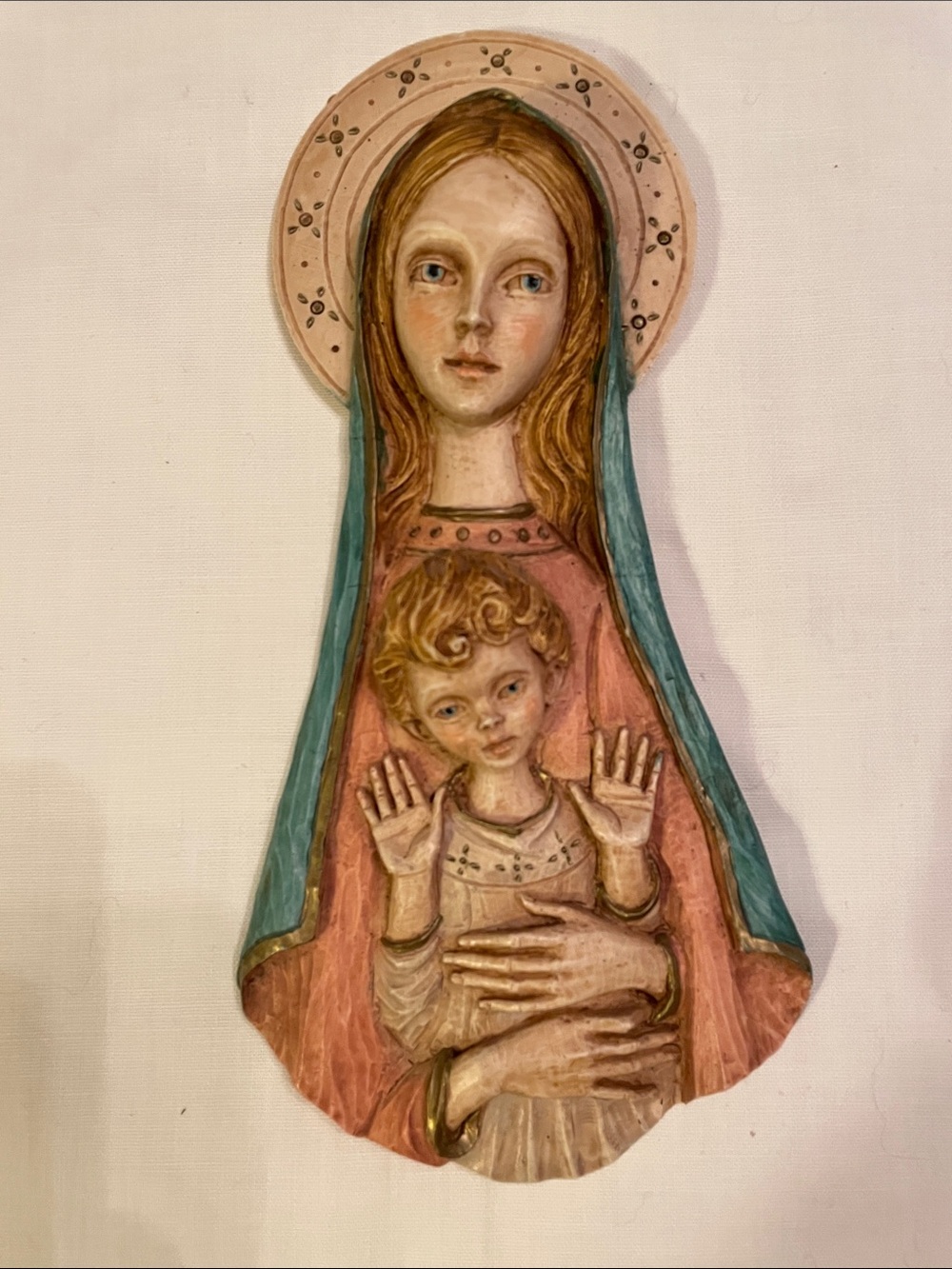 Madonna and Child Religious Wall Plaque in Pink and Teal MCM 10” Made In Italy